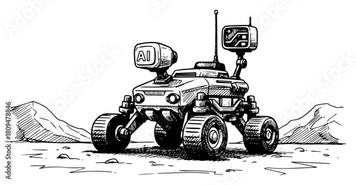 Hand Drawn Vector Illustration of AI Powered Exploration Rover Vehicle