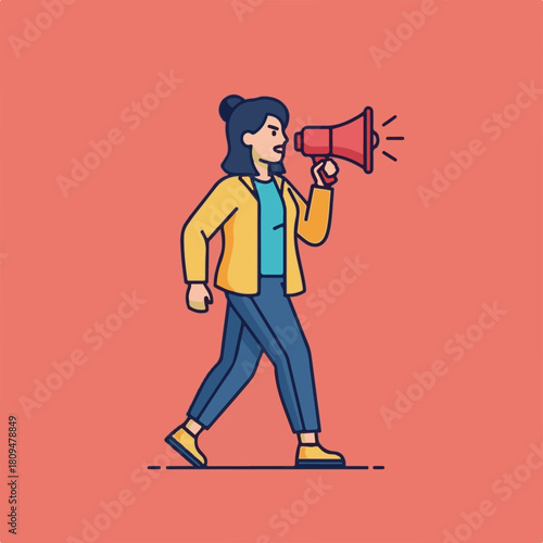 Woman walking while speaking into megaphone, illustration shows confident speaker with red megaphone on solid backdrop. Speaking passionately, woman going forward shares her ideas.
