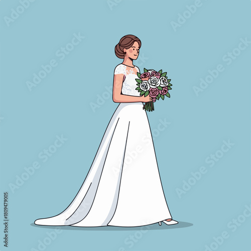 Woman walking in her wedding dress with bridal bouquet in hand, expressing joy and happiness. Woman dressed in elegant white gown symbolizes new beginnings and commitment, holding flowers,