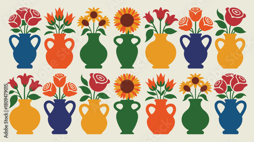 Stylish floral arrangement for vibrant home decor or cheerful greeting cards, featuring sunflowers, tulips, and roses in colorful vases