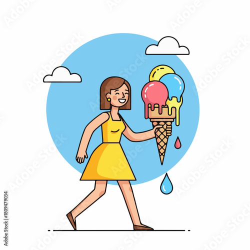 Woman walking holding large ice cream cone with three scoops in summer heat, she is happy and smiling. Ice cream is melting in sun, making sugary drips.