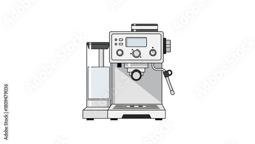 A graphic of a modern silver espresso machine with a water tank and controls