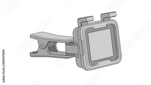 A gray 3D model of a clipon device holder with a screen