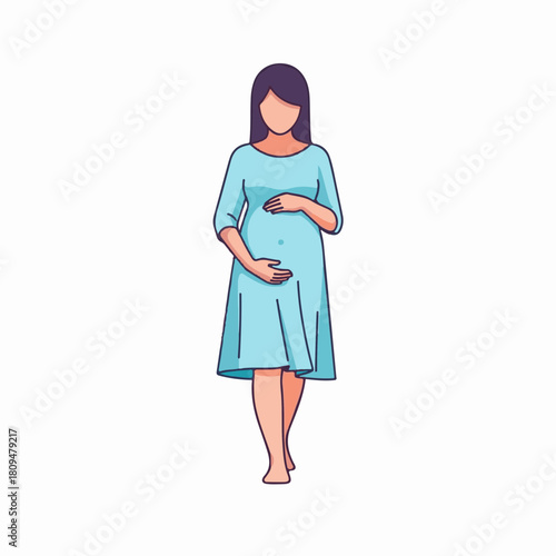 Woman walking in light dress, embracing her belly, symbolising motherhood. Woman walking forward represents anticipation and change, symbolizing the journey towards welcoming a new life.