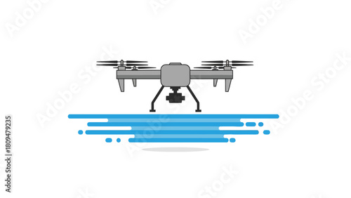 A gray drone with four rotors hovers above blue wavy lines