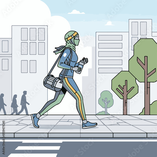Woman walking in city, depicted as runner in tracksuit with gym bag. Walking woman performs outdoor exercise in town with water bottle. Woman walking illustration ideal for urban lifestyle ads.