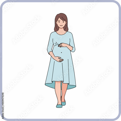 Pregnant woman gently cradles her belly, wearing light blue dress. Pregnant woman experiences joy and anticipation during pregnancy, feeling baby's movement.