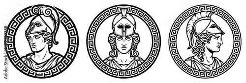 Set of Hand Drawn Vector Ancient Greek Medallions Featuring Athena Wearing Helmet