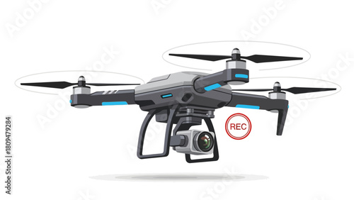 A gray drone with blue accents hovers in the air with a camera
