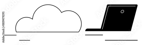 Minimalist black and white design of cloud and laptop representing technology, storage, and connectivity. Ideal for data sharing, online storage, remote work, IT services, digital access, cloud