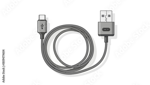 A gray USBC to USBA cable coiled on a white background