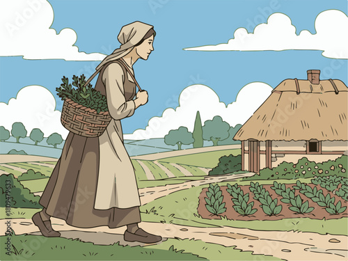 Woman walking in rural setting with basket, showing house and garden in picturesque scene. Woman walking brings vintage charm with traditional clothing, amidst serene nature and blue sky,