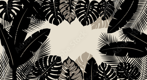 Stylized tropical leaf border illustration featuring black and dark botanical jungle foliage on a light neutral background