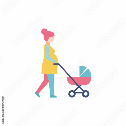 Woman walking with a stroller in simple flat illustration style, wearing casual clothes. Woman walking displays a pregnant woman pushing baby carriage,