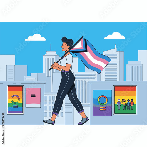 Woman walking in city scene with transgender flag, illustration showcasing equality and pride. Woman is walking through urban landscape, holding up transgender flag,