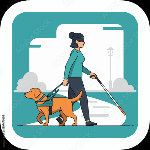 Woman walking with assistance dog leads sightless person along path in city, illustrating independence. Woman walking under supervision includes labrador guide, walking stick, harness, and mobility.