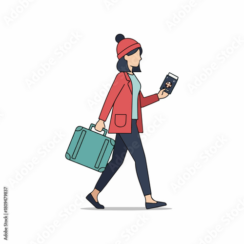 Woman walking with passport in hand and luggage for travel. Woman walking in winter outfit with suitcase shows ticket and passport while preparing for traveling. Depicts woman walking for vacation,
