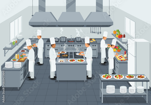Busy commercial restaurant kitchen with a team of professional chefs in uniform cooking and preparing gourmet meals. Culinary staff at work vector illustration