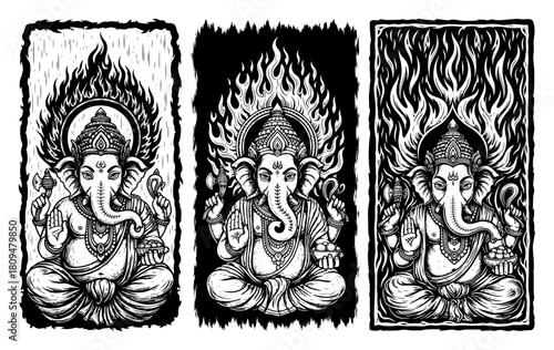 Set of Vertical Vector Panels Featuring Lord Ganesha with Elephant Head in Vintage Engraving Style