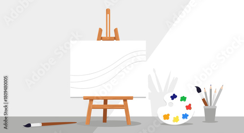 A calm and minimalist artist studio scene with a blank canvas on an easel a paint palette and brushes ready for a new creation.