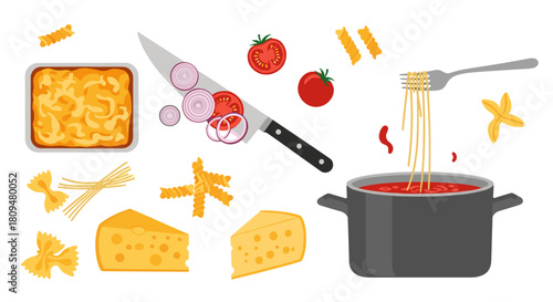 Flat lay illustration of various pasta making ingredients and prepared dishes like macaroni and cheese on a clean white background.
