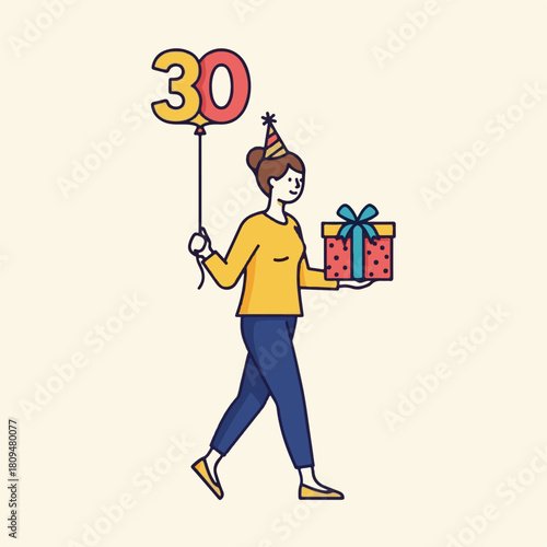 Woman walking with gift and balloon for thirtieth birthday celebration. Woman walking while holding present decorated with ribbon and a balloon shaped like number thirty shows joyful moment.