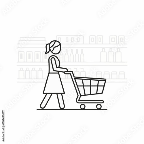 Woman shopping with an empty shopping cart in minimalist line art. Woman shopping in a supermarket aisle, depicted with simplicity, features basic form, conveying consumerism.
