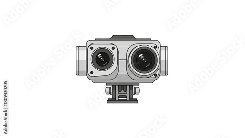 A grey 360degree camera with two lenses and a mounting bracket