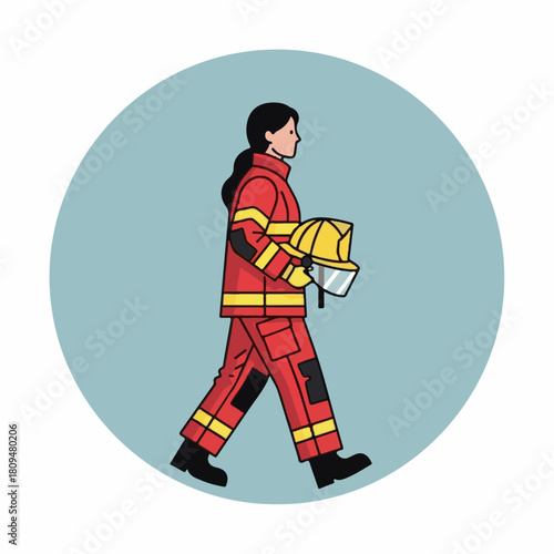 Woman walking forward dressed as firefighter carries protective helmet in hand on a circular background. Woman walking with determination, wearing red uniform,
