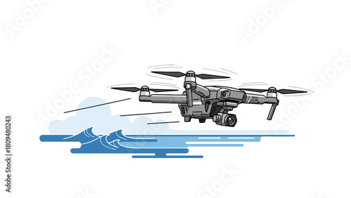 A grey drone flies over blue waves and clouds