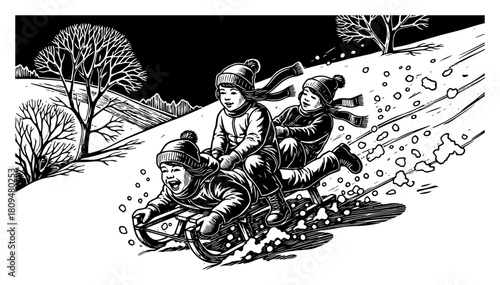 Woodcut Style Illustration of Happy Children Sledding on Snow in Winter
