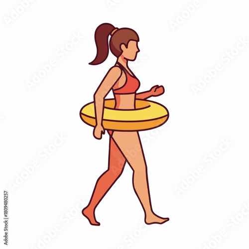 Woman walking with swim ring, swimwear and tanned skin, isolated on white. Woman walking at summer vacations is carefree and relaxed. Commercial woman walking for beach fashion ads.
