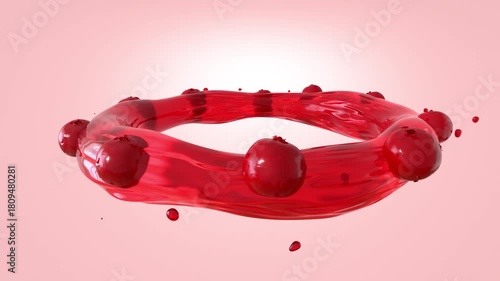 3D rendering of Fresh Cranberries Floating in Red Juice Splash Ring on Pink Background


