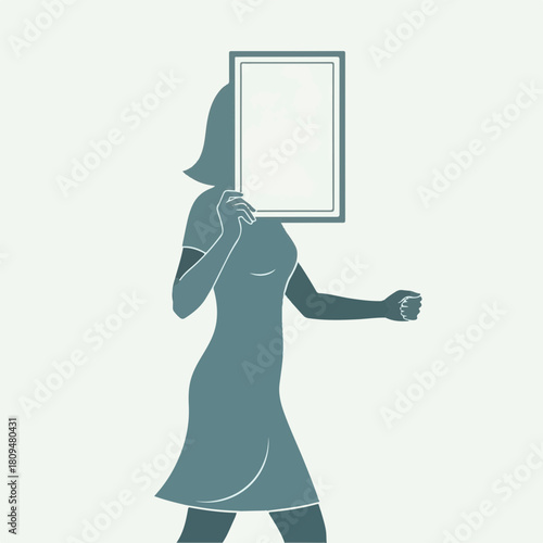 Woman walking holding blank frame for commercial concept. Silhouette person with picture frame in front of face and dress as she is woman walking.