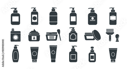 Large set of black silhouette icons for various beauty and skincare product containers including pumps jars tubes and bottles for design.