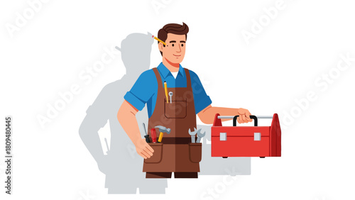 A handyman with tools in his apron and a toolbox