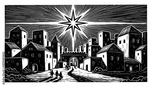 Vintage Woodcut Vector Illustration of Bethlehem City and Christmas Star at Night