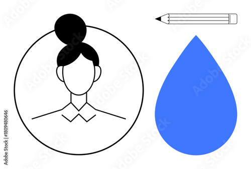 Minimalistic female outline inside a circle, a simple pencil, and a blue water droplet. Ideal for creativity, education, sustainability, identity, environmental awareness, design self-expression