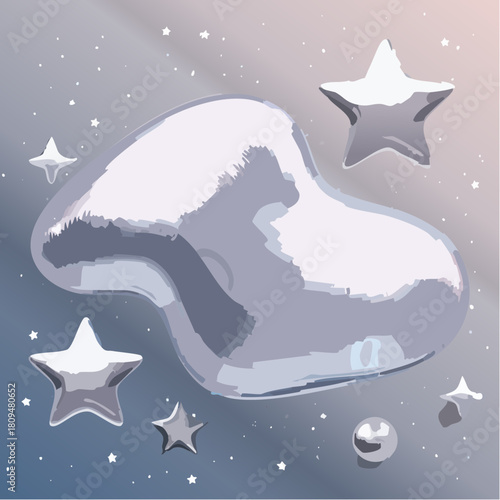 3d chrome metal organic fluid shapes and stars. Abstract liquid mercury metallic icon. 3d rendering aluminum gradient shape design