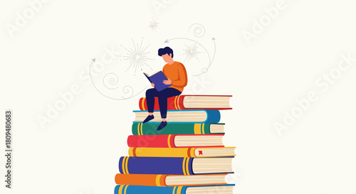 Vector illustration of a young man sitting and reading on top of a tall stack of colorful books symbolizing knowledge and education.