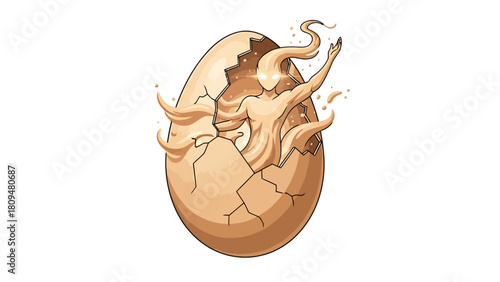 A humanoid figure emerges from a cracked egg