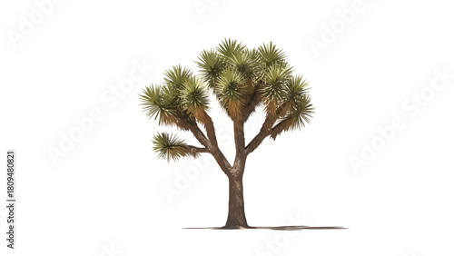A Joshua tree with spiky green leaves and brown branches on a white background