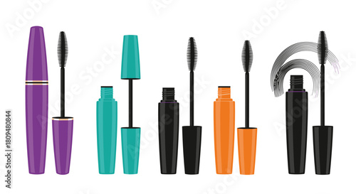 A complete collection of various mascara tubes and wands in different colors and styles including an open applicator and a black smear.