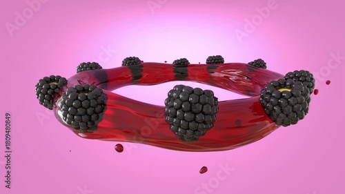 3D rendering of Fresh Blackberries Floating in Red Juice Splash Ring on Pink Background

