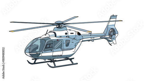 A light blue and white helicopter in flight