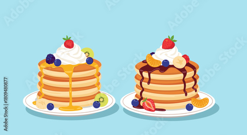 Two delicious stacks of fluffy pancakes with fresh fruit toppings whipped cream syrup and chocolate sauce on a light blue background.
