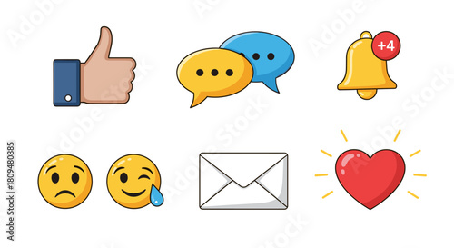A set of six colorful and cute cartoon social media icons including like chat notification emojis and a heart on a white background.