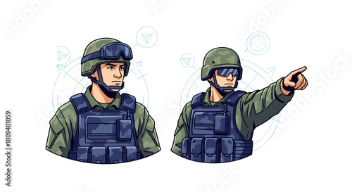 Vector illustration of a soldier or special forces operator in two poses wearing a helmet and tactical vest for military concepts.
