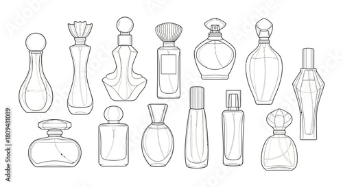 A collection of various perfume bottle outlines, showcasing different shapes and designs for fragrances.