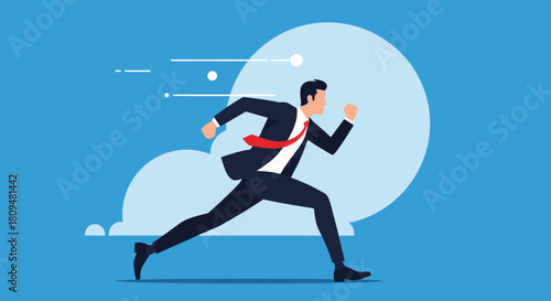 A dynamic flat style illustration of a businessman in a suit and red tie running forward quickly symbolizing speed and ambition.